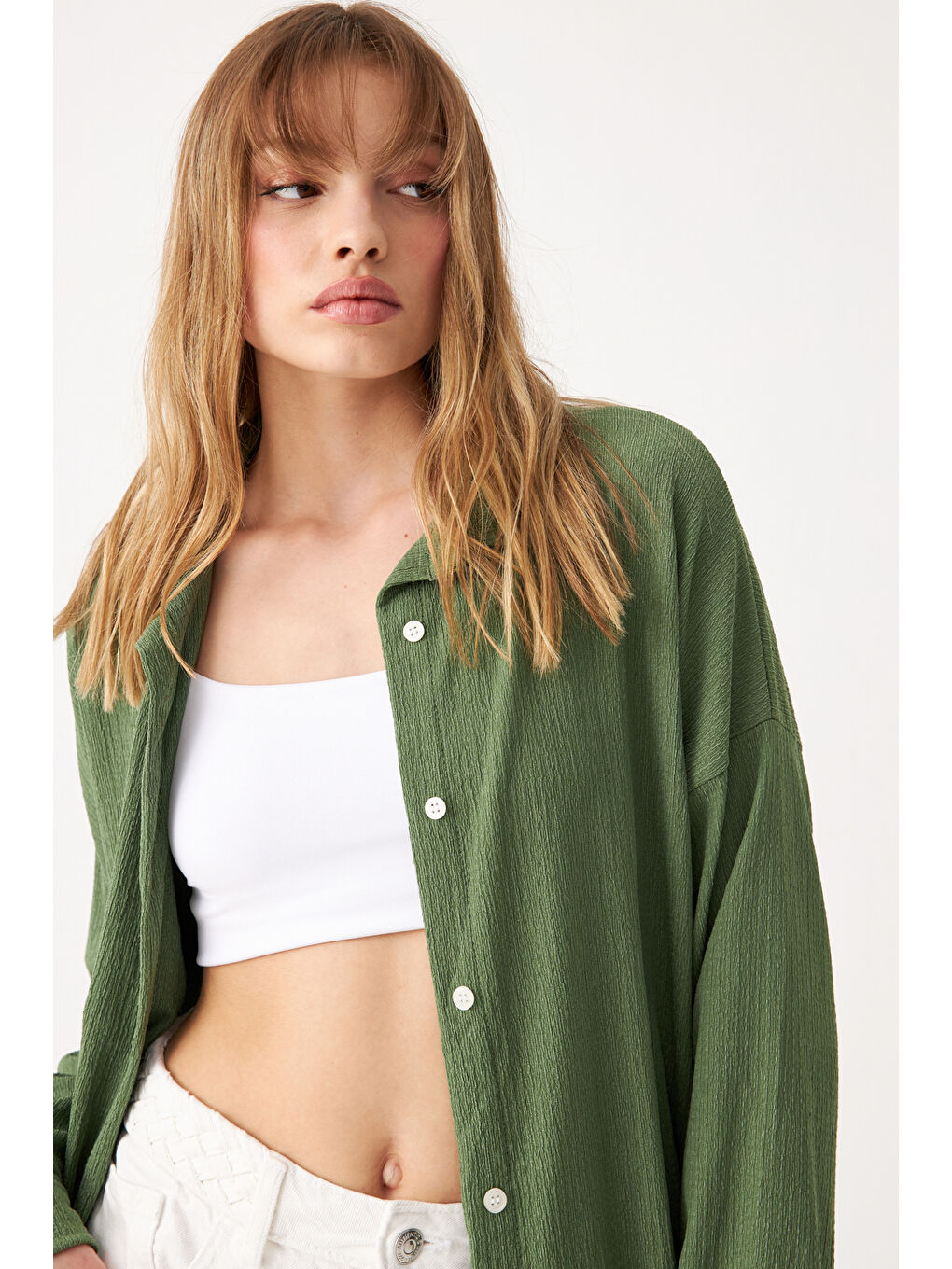 Kadın Haki Yeşil Uzun Krinkıl Gömlek-3