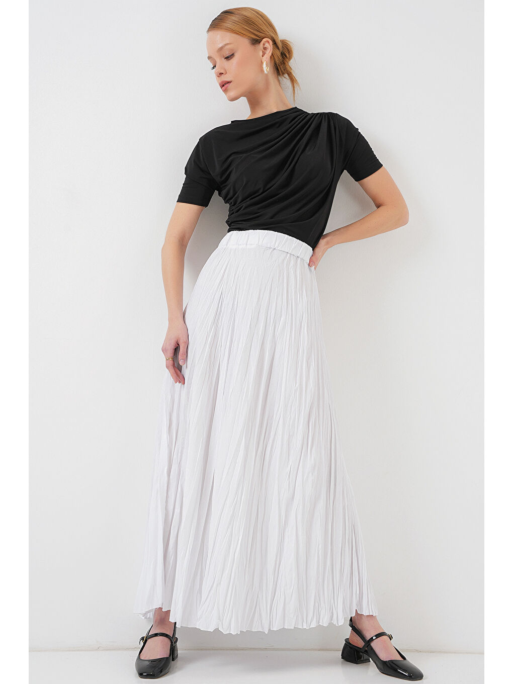 Kadın Uzun Kırışık Etek 8042 - Beyaz-2