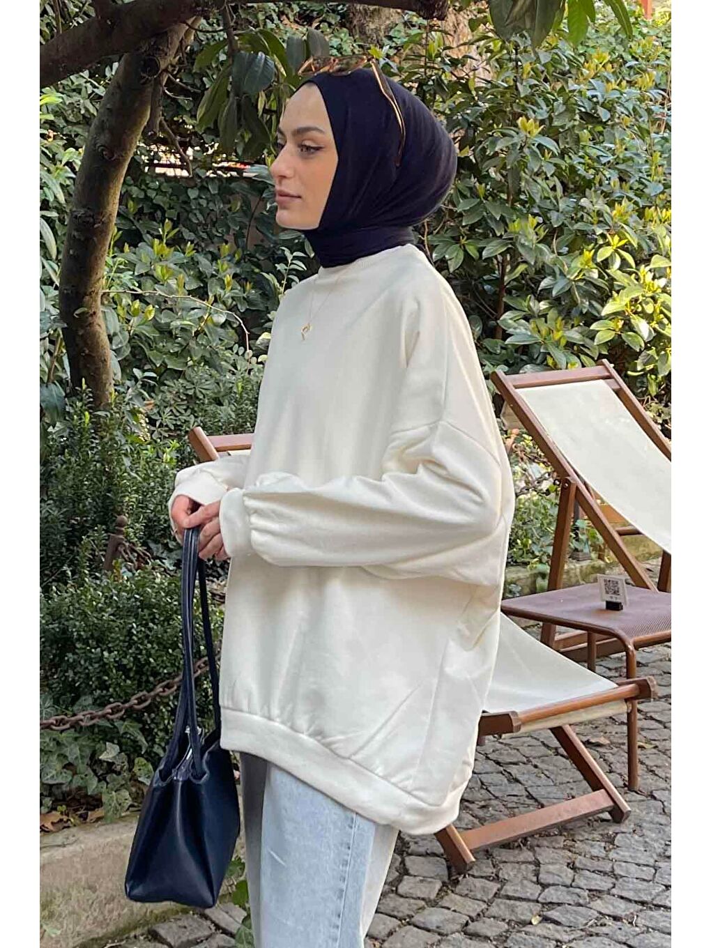 Balon Kol Yaka Ve Etek Ucu Manşetli Bol Sweat Ekru-1