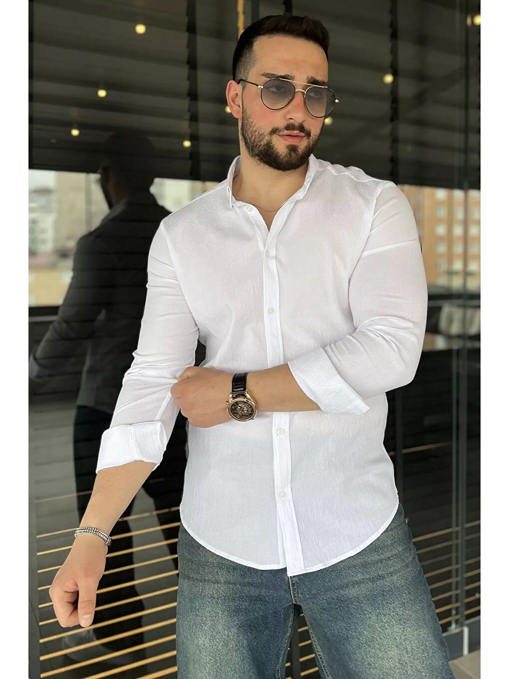 Beyaz Kendinden Desenli Erkek Uzun Kol Gömlek-1