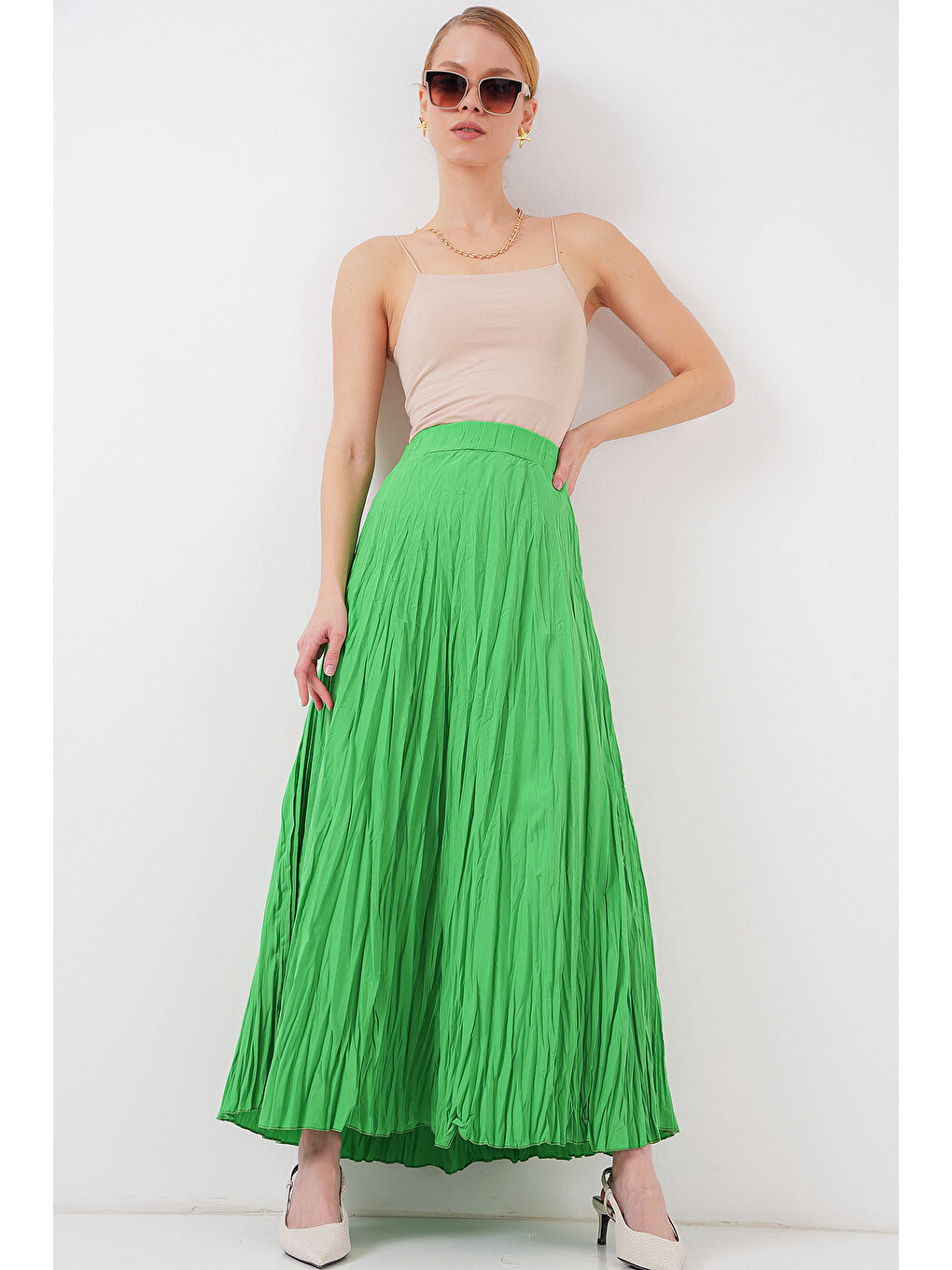Kadın Uzun Kırışık Etek 8042 - Yeşil