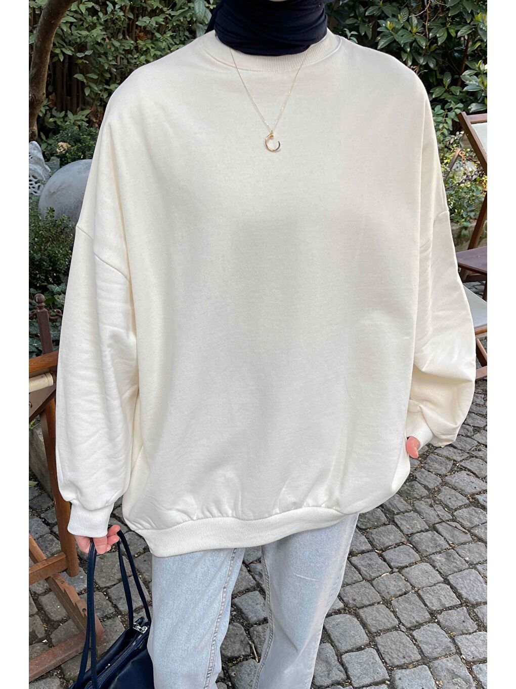 Balon Kol Yaka Ve Etek Ucu Manşetli Bol Sweat Ekru-2