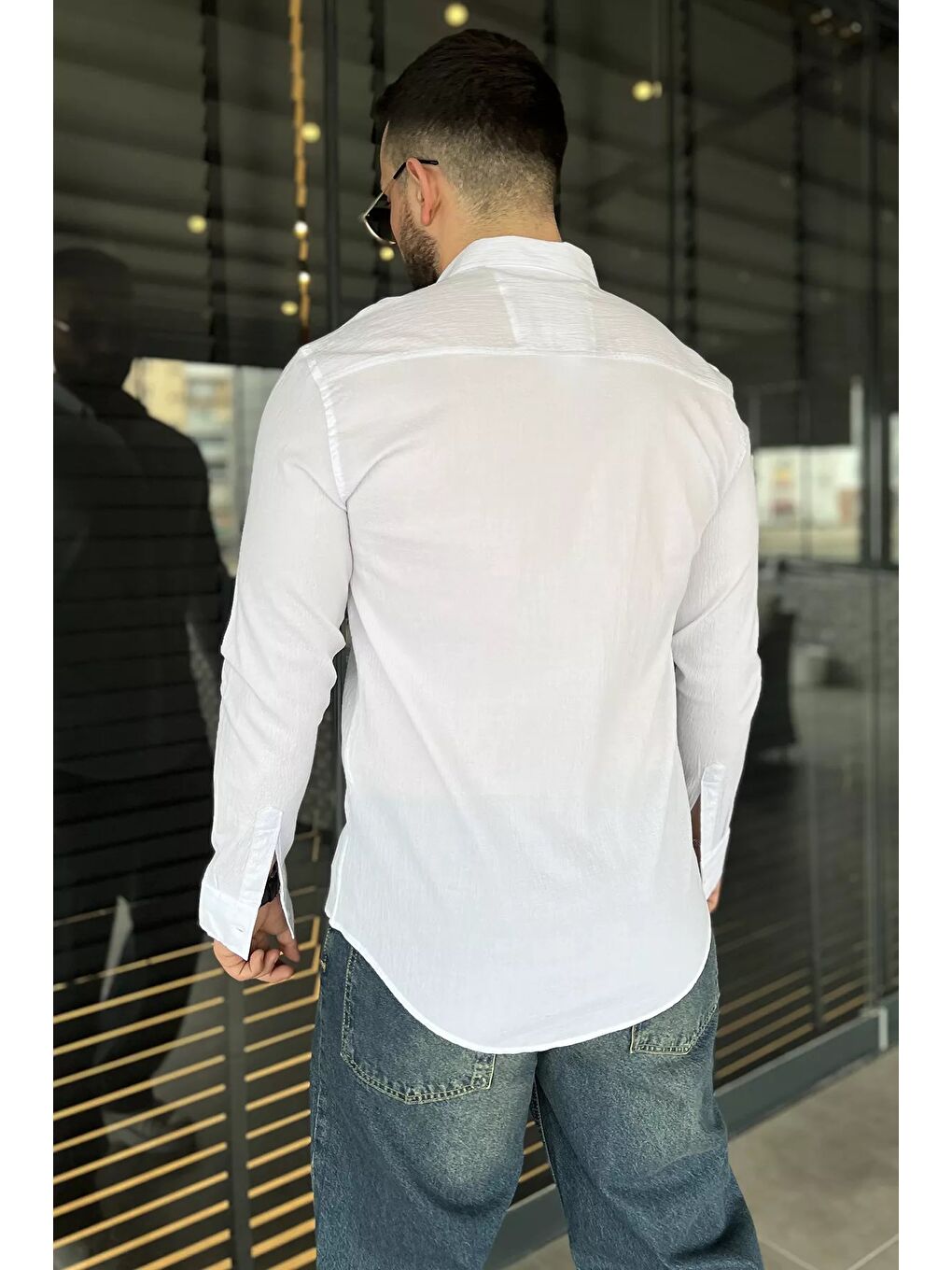 Beyaz Kendinden Desenli Erkek Uzun Kol Gömlek-2