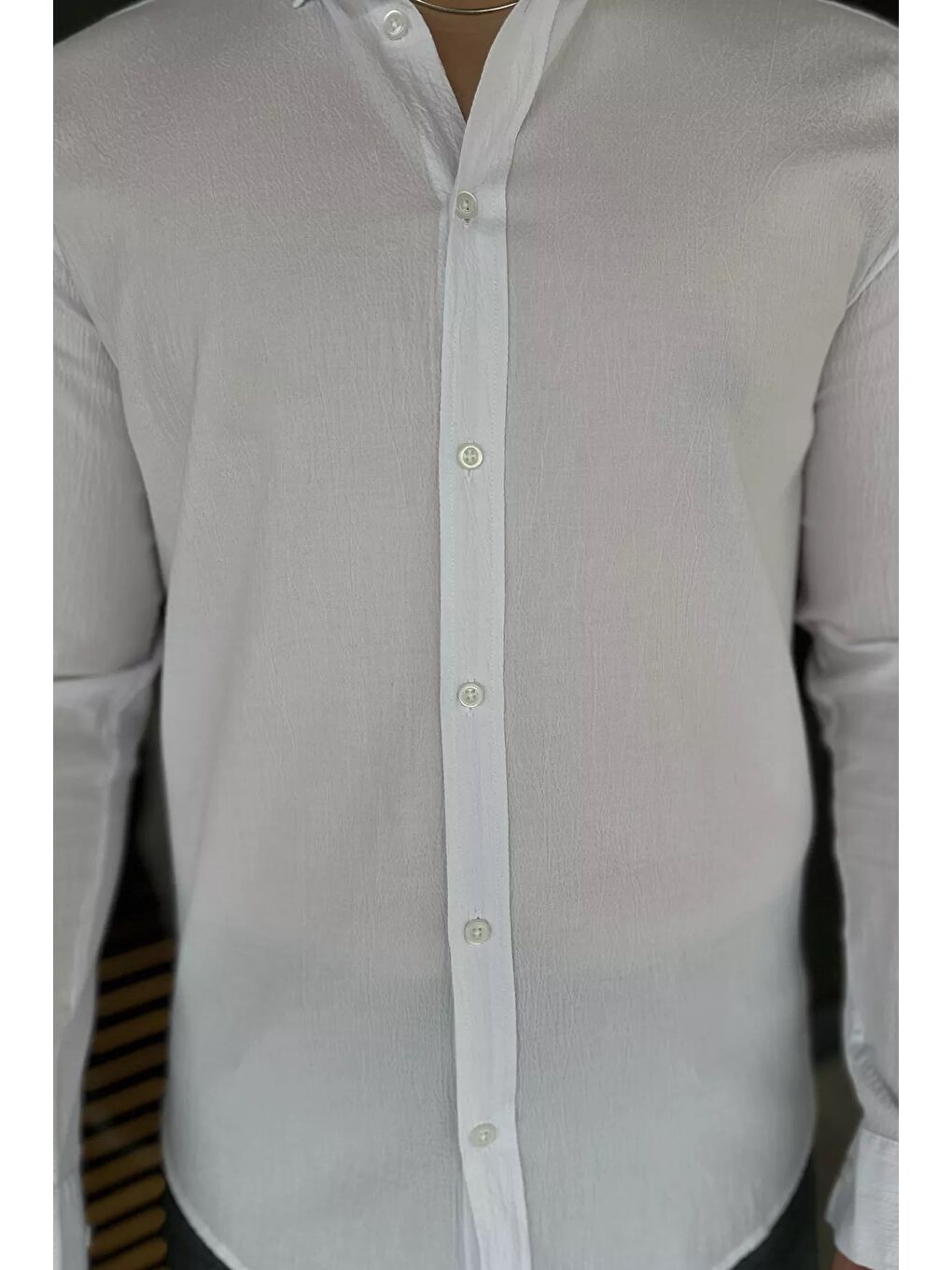 Beyaz Kendinden Desenli Erkek Uzun Kol Gömlek-3