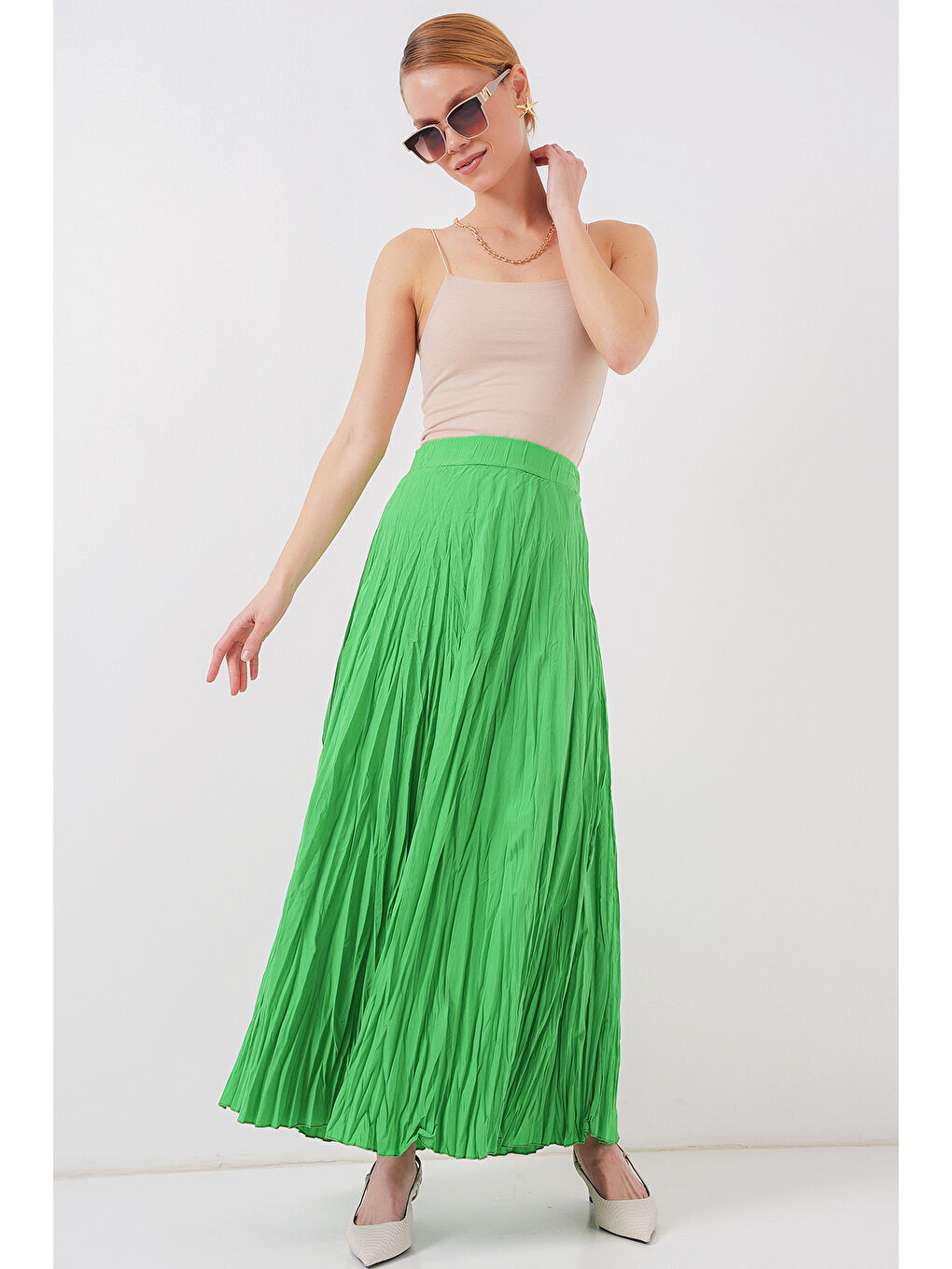 Kadın Uzun Kırışık Etek 8042 - Yeşil-2