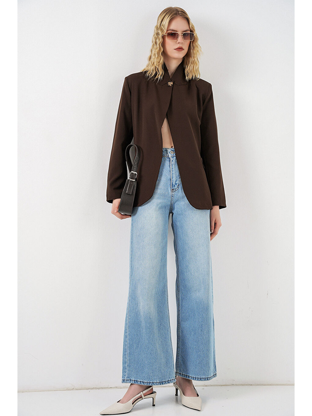 Kadın Tek Düğmeli Oversize Blazer Ceket 0749 - Kahverengi-1