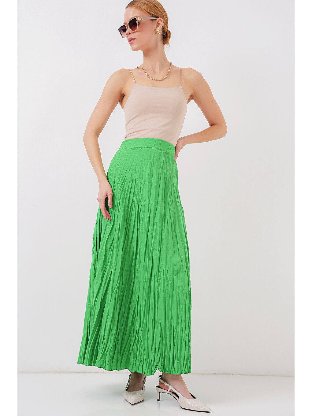 Kadın Uzun Kırışık Etek 8042 - Yeşil-3