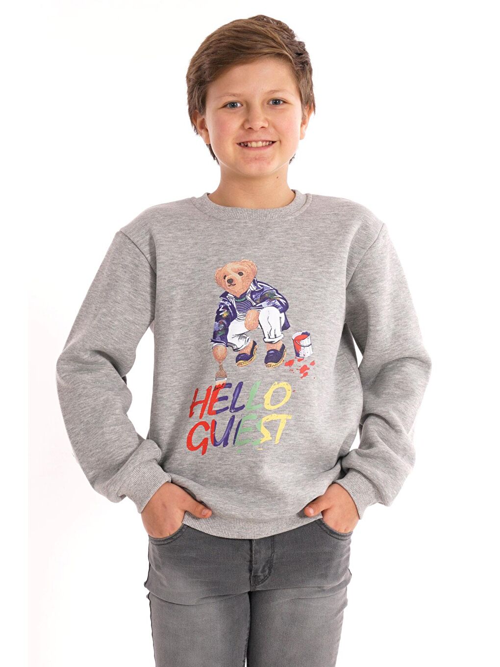 Hello Guest Baskılı Gri Renk Erkek Çocuk Sweat