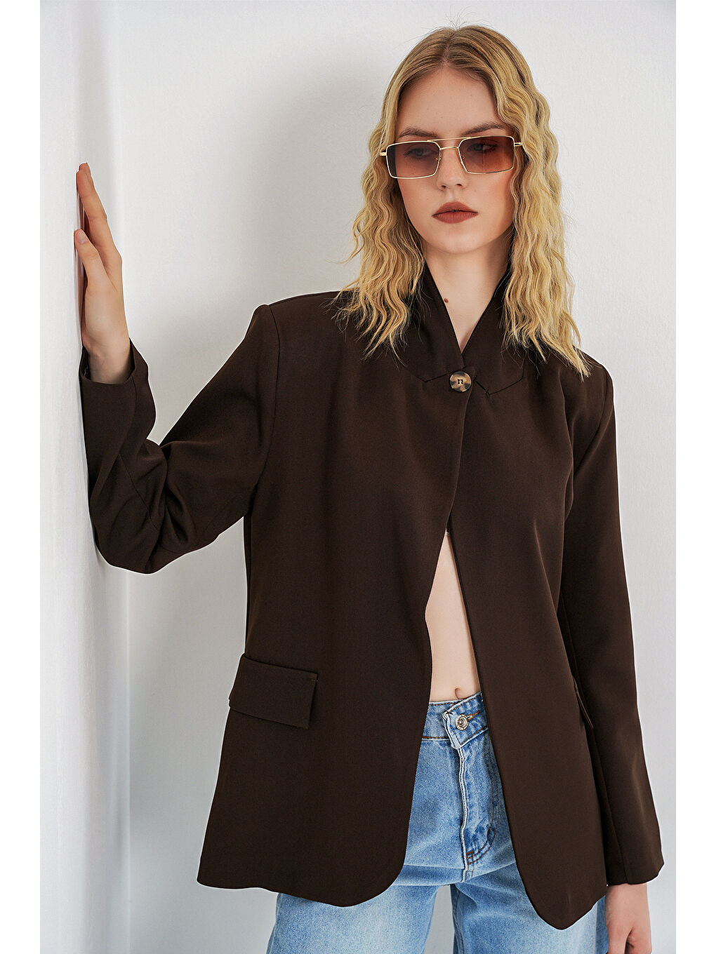 Kadın Tek Düğmeli Oversize Blazer Ceket 0749 - Kahverengi-2