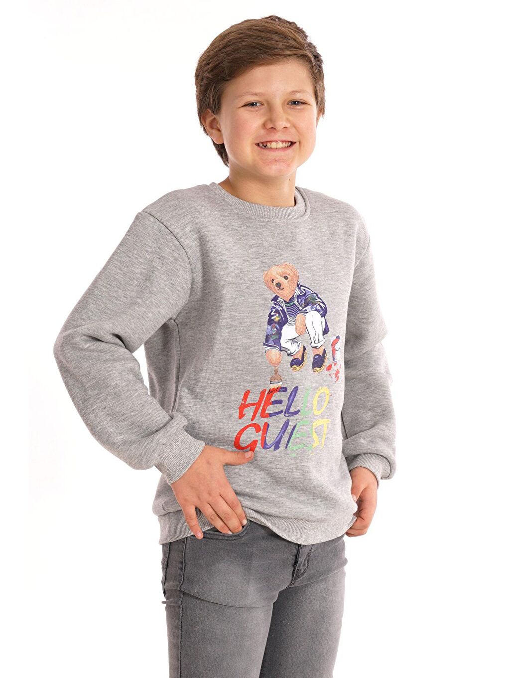 Hello Guest Baskılı Gri Renk Erkek Çocuk Sweat-1