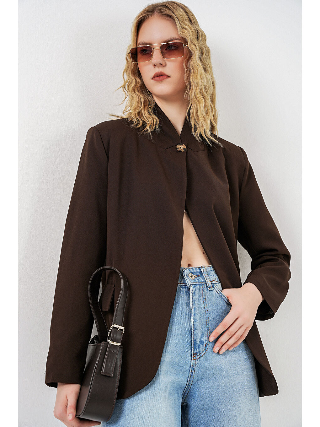 Kadın Tek Düğmeli Oversize Blazer Ceket 0749 - Kahverengi-3