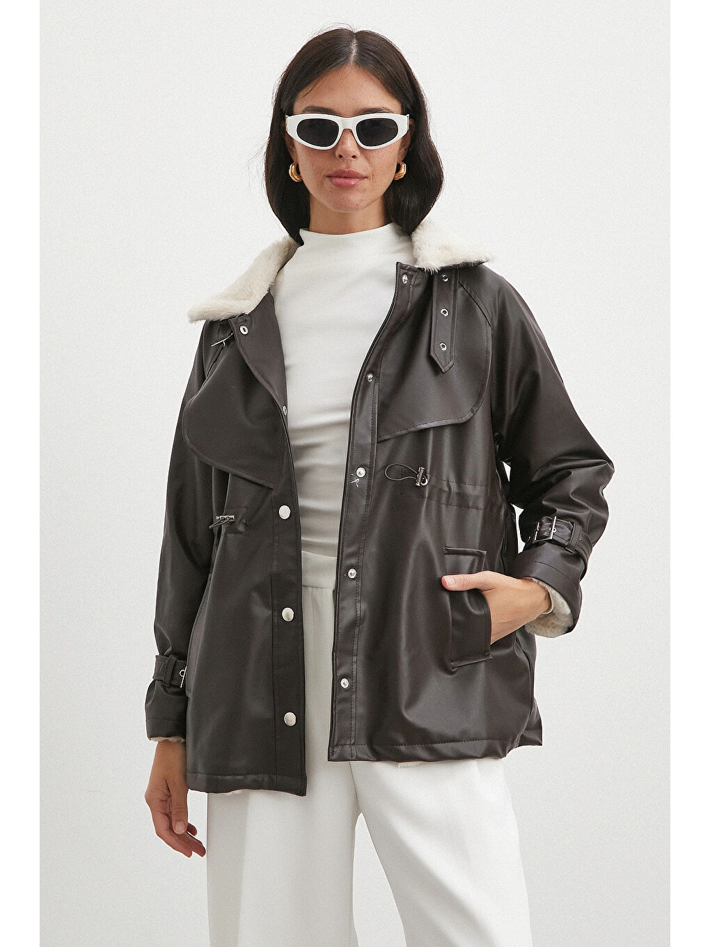 Karışık Kürklü Yaka Detaylı Deri Ceket Kahve-2