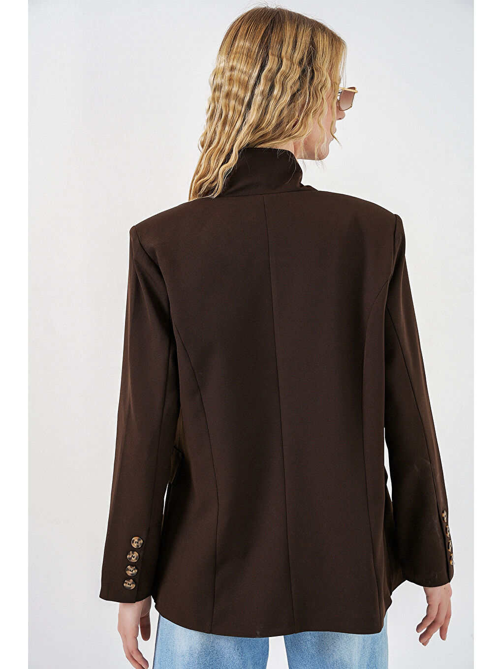 Kadın Tek Düğmeli Oversize Blazer Ceket 0749 - Kahverengi-5