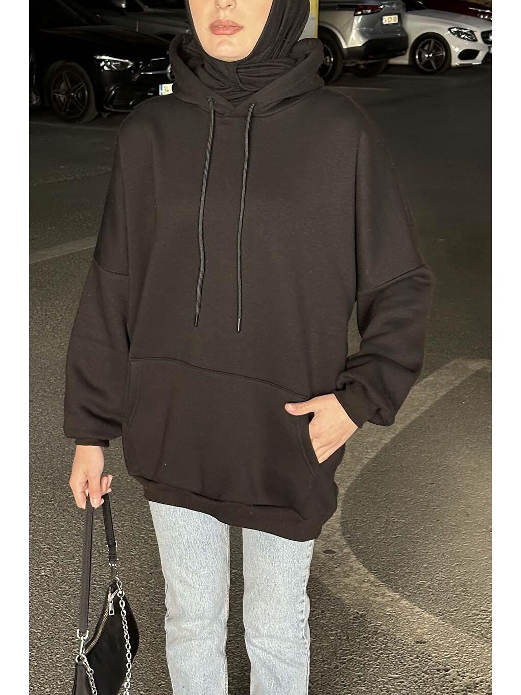 Üç İplik Kanguru Cep Sweatshirt Siyah-2