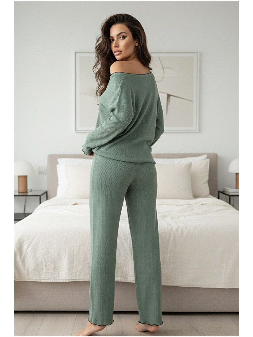 Yeşil Fırçalı Yumuşak Dokulu Fitilli Kaşkorse Örme Düğmeli Hırka Pijama Takım 7962-2