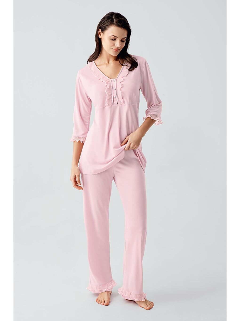 Pembe Truvakar Kollu Dantelli Düğmeli Esnek Viskoz Pijama Takım 17217