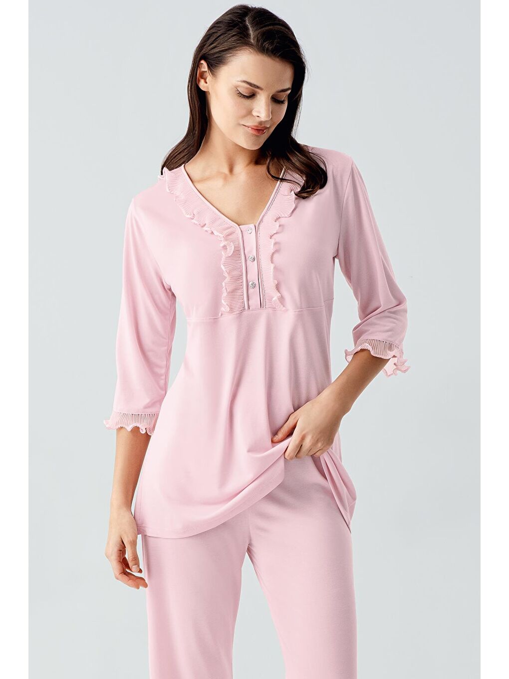Pembe Truvakar Kollu Dantelli Düğmeli Esnek Viskoz Pijama Takım 17217-1