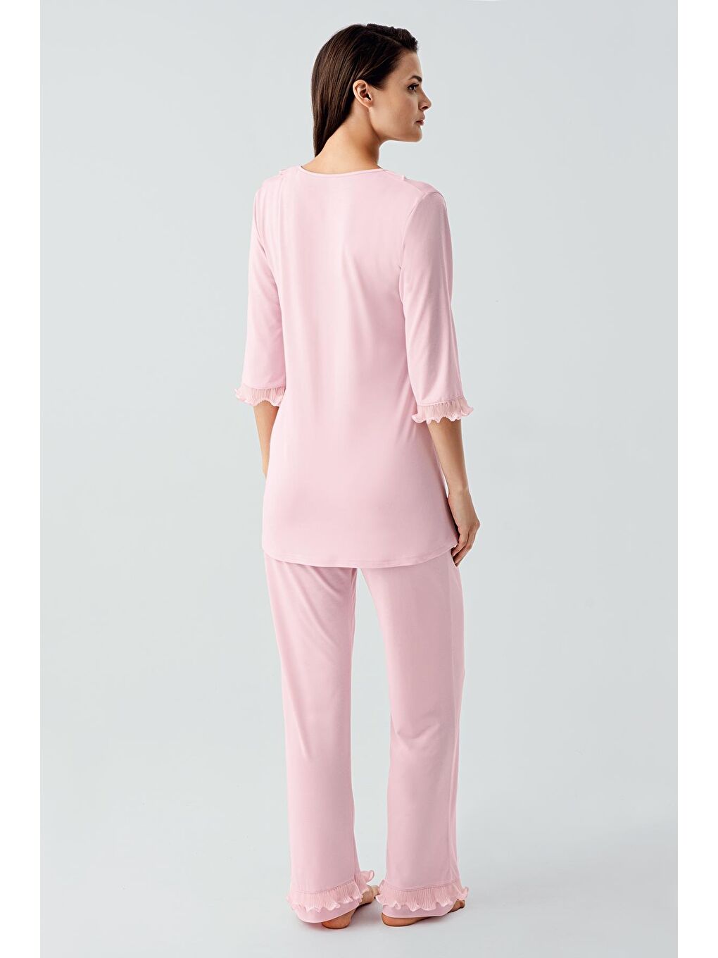 Pembe Truvakar Kollu Dantelli Düğmeli Esnek Viskoz Pijama Takım 17217-2