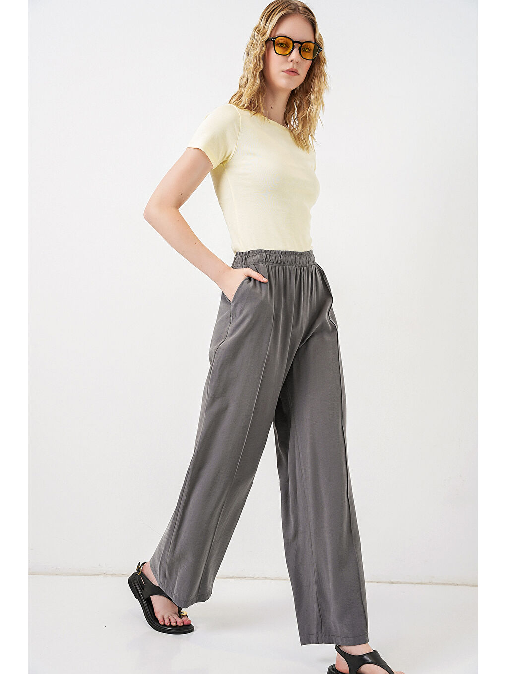 Kadın Beli Lastikli Bol Paça Pantolon 30087 - Antrasit-2