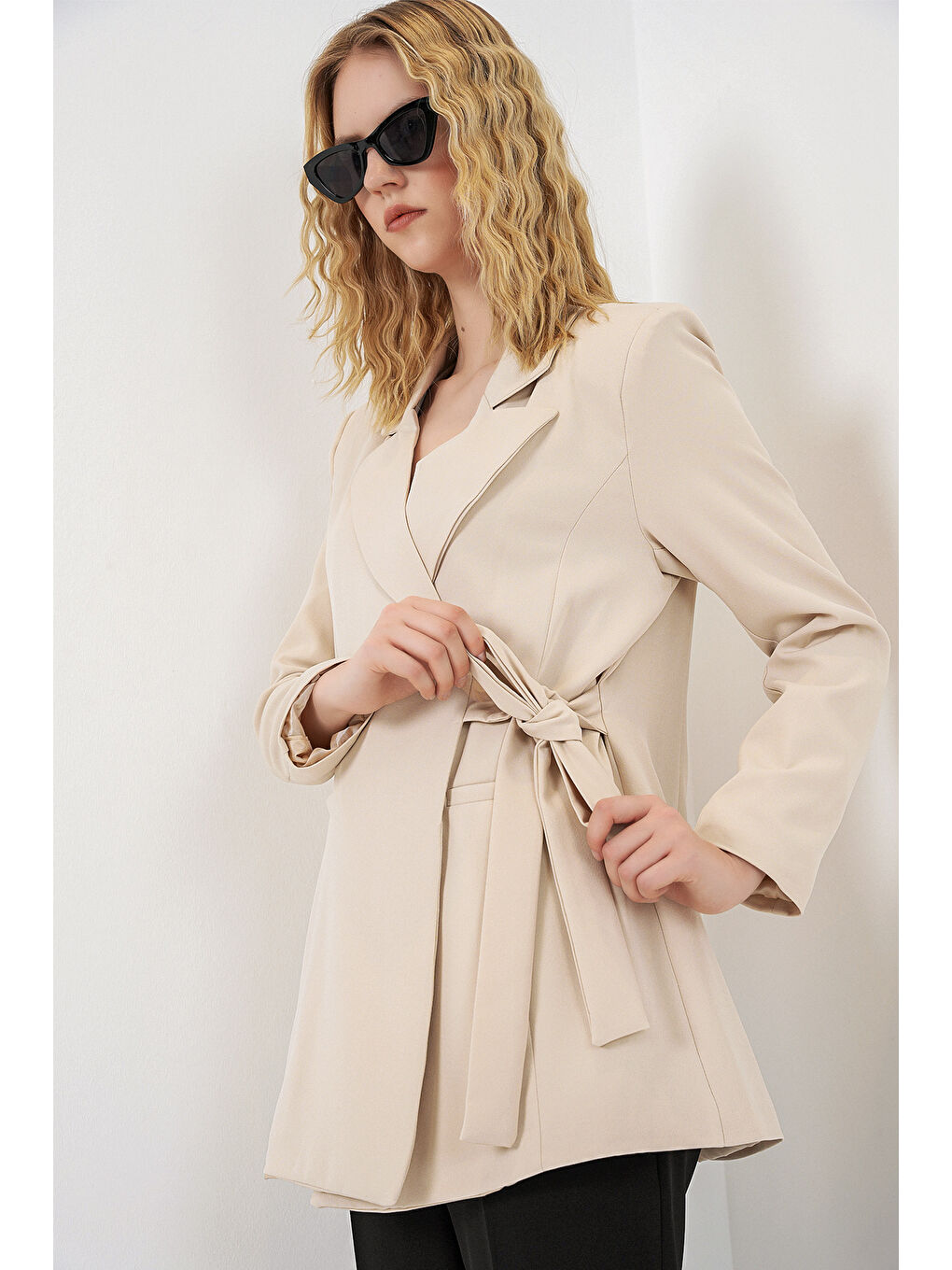 Kadın Yandan Bağlamalı Blazer Ceket 0750 - Bej-2