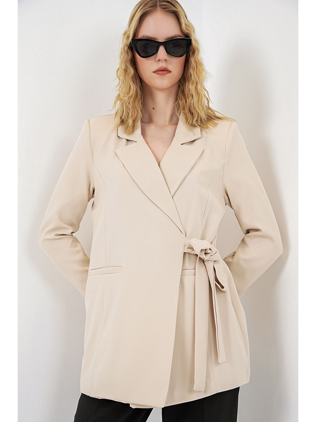 Kadın Yandan Bağlamalı Blazer Ceket 0750 - Bej-3