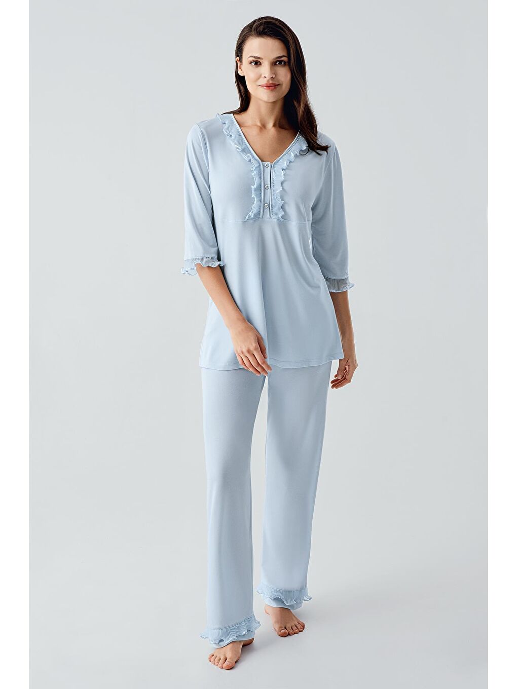 Mavi Truvakar Kollu Dantelli Düğmeli Esnek Viskoz Pijama Takım 17217