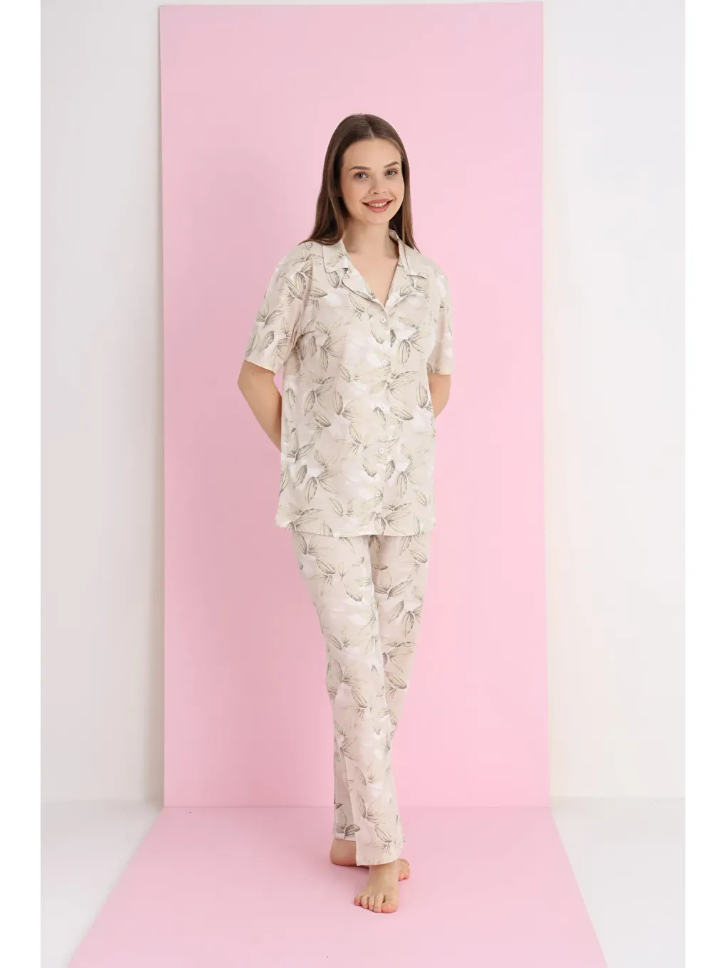 Bej Penye Düğmeli Pijama Takımı 7096-25