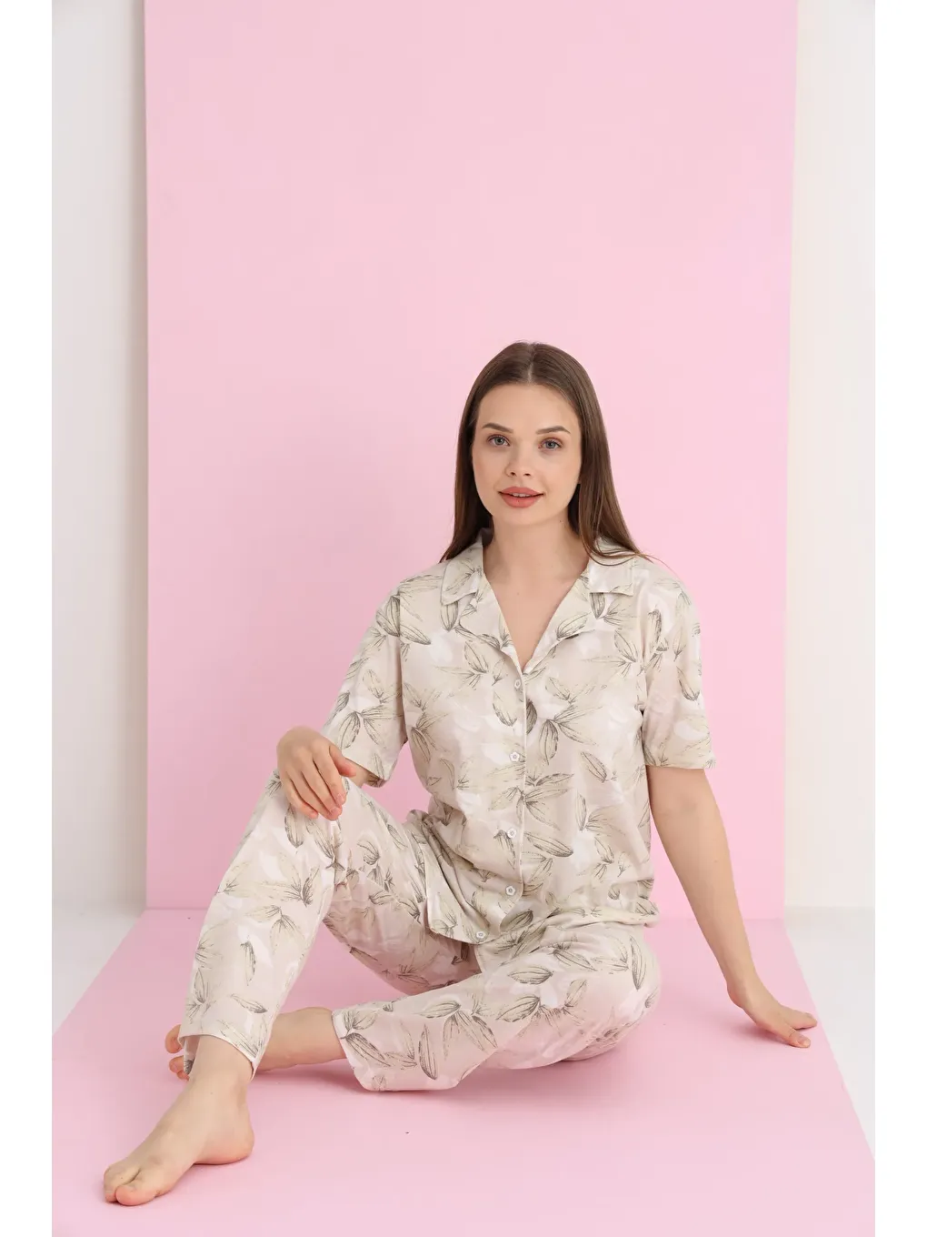 Bej Penye Düğmeli Pijama Takımı 7096-25-1