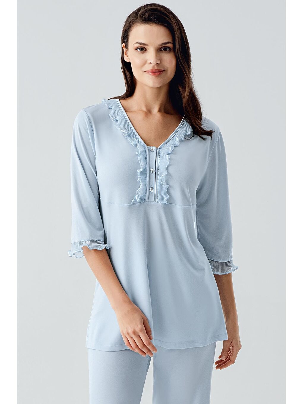 Mavi Truvakar Kollu Dantelli Düğmeli Esnek Viskoz Pijama Takım 17217-1