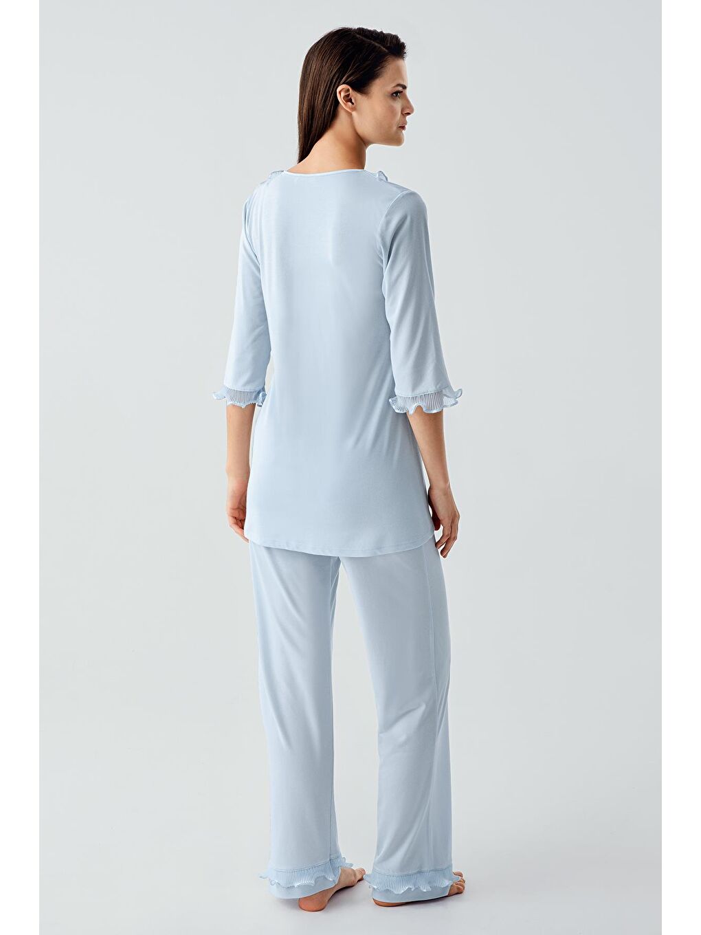Mavi Truvakar Kollu Dantelli Düğmeli Esnek Viskoz Pijama Takım 17217-2