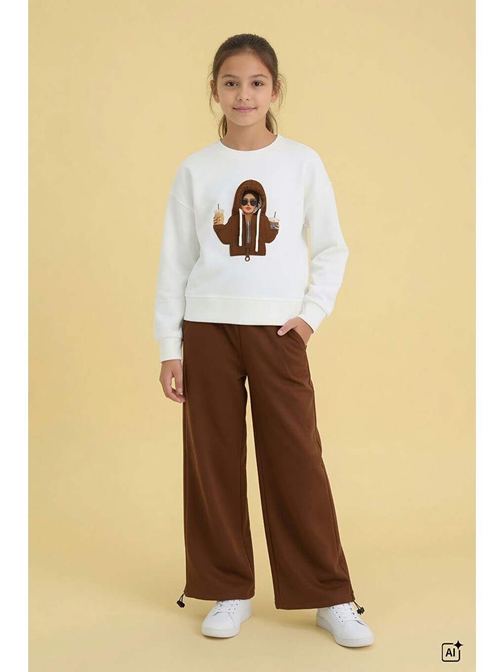 Kahverengi Kahve Kız Çocuk Hoodie Detaylı Sweatshirt Geniş Paça Eşofman Takımı 24782