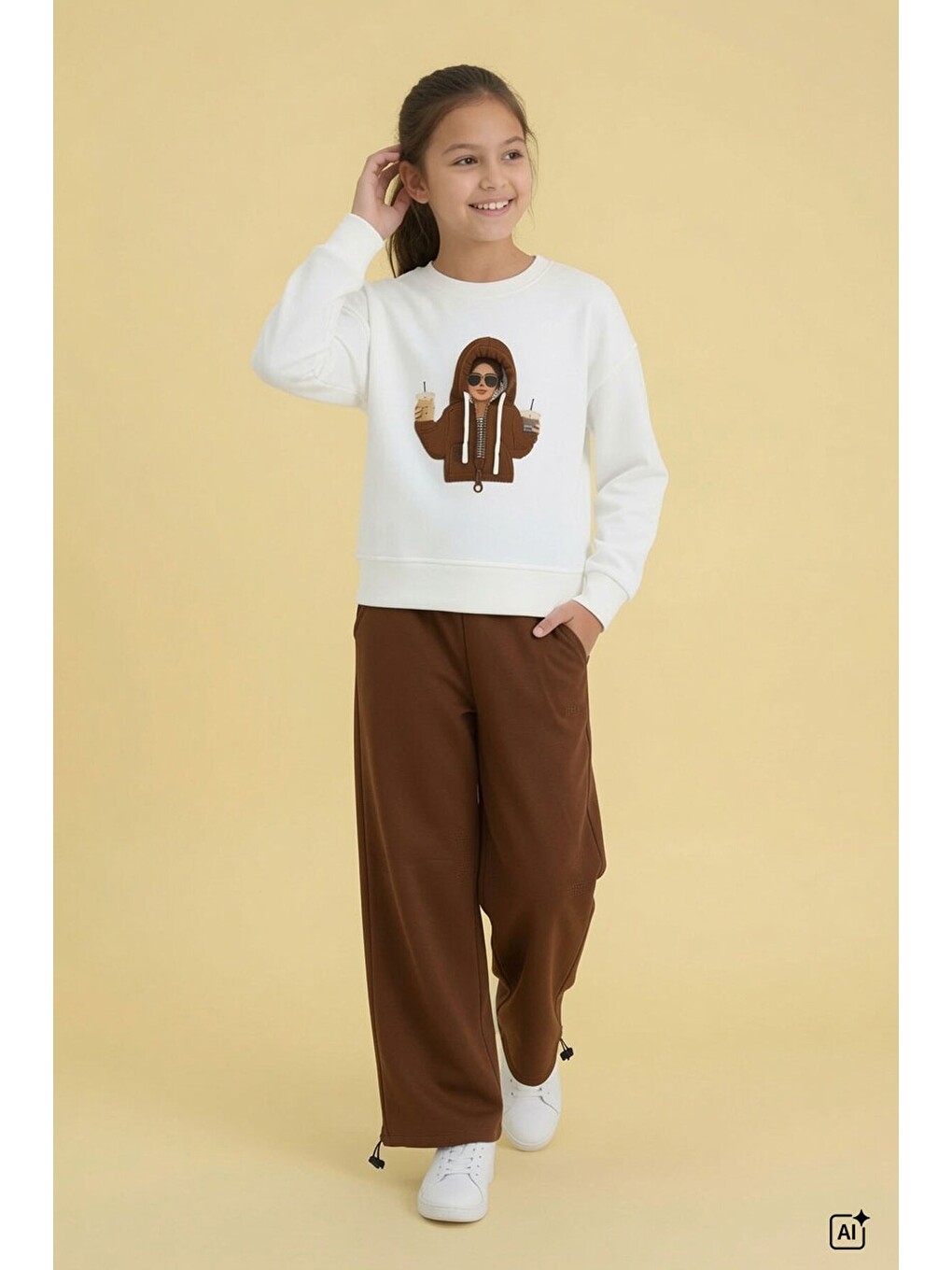 Kahverengi Kahve Kız Çocuk Hoodie Detaylı Sweatshirt Geniş Paça Eşofman Takımı 24782-1