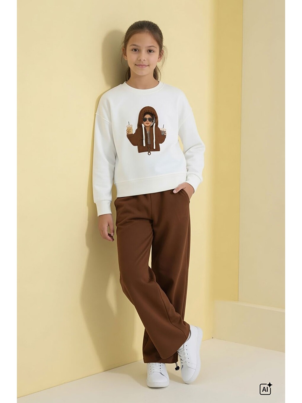 Kahverengi Kahve Kız Çocuk Hoodie Detaylı Sweatshirt Geniş Paça Eşofman Takımı 24782-2