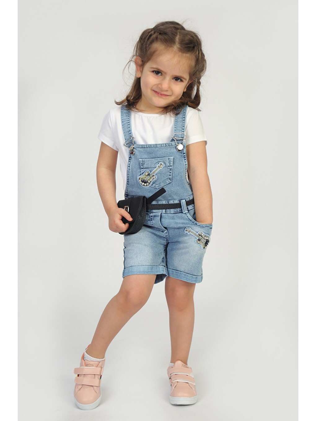 Lacivert Kız Bebek Salopet Çantalı Gitar Nakışlı Jean
