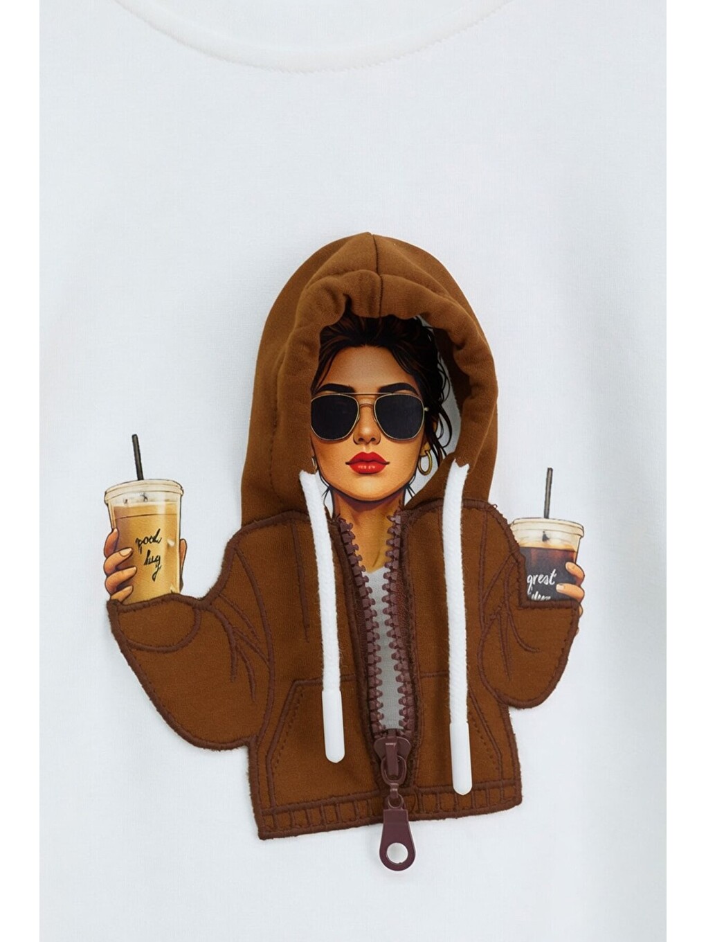 Kahverengi Kahve Kız Çocuk Hoodie Detaylı Sweatshirt Geniş Paça Eşofman Takımı 24782-4