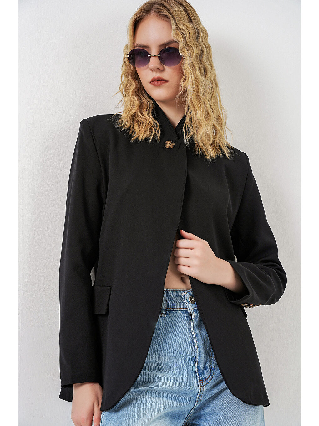 Kadın Tek Düğmeli Oversize Blazer Ceket 0749 - Siyah