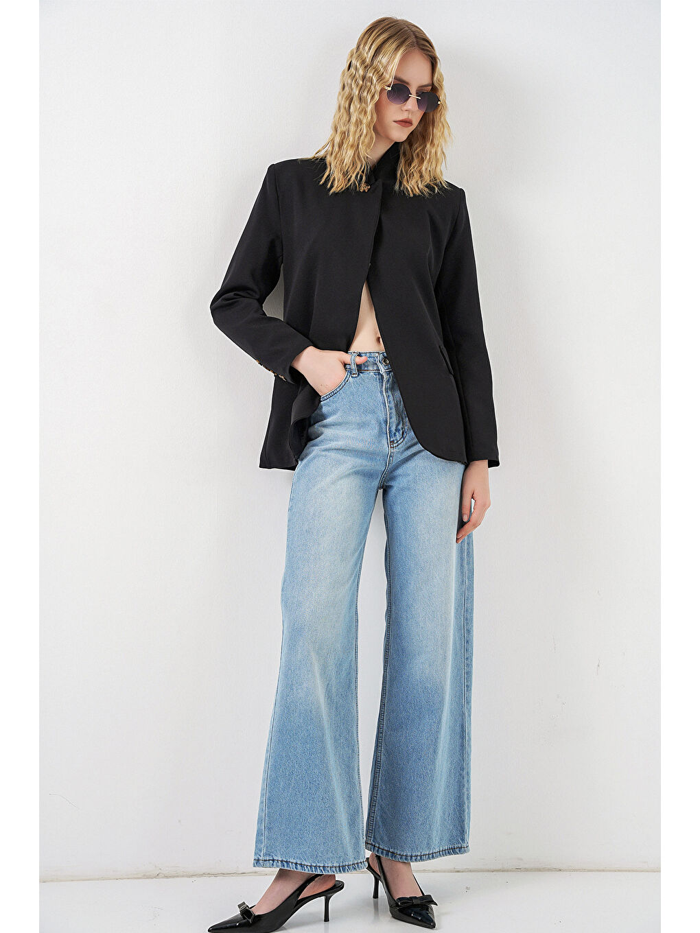 Kadın Tek Düğmeli Oversize Blazer Ceket 0749 - Siyah-1