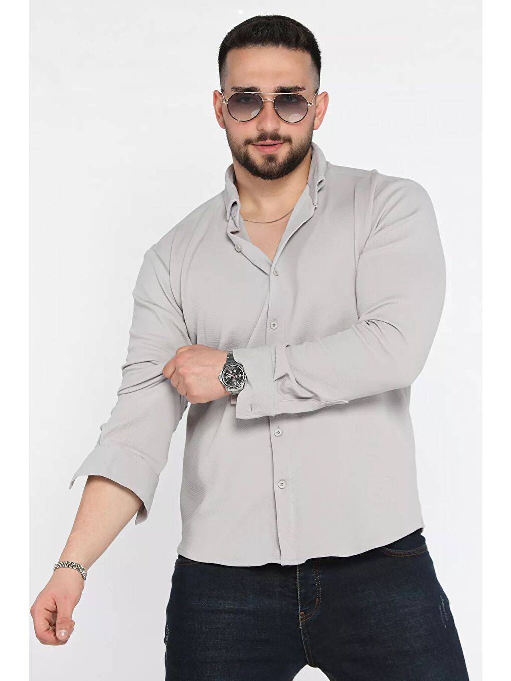 Gri Erkek Uzun Kol Gömlek-1