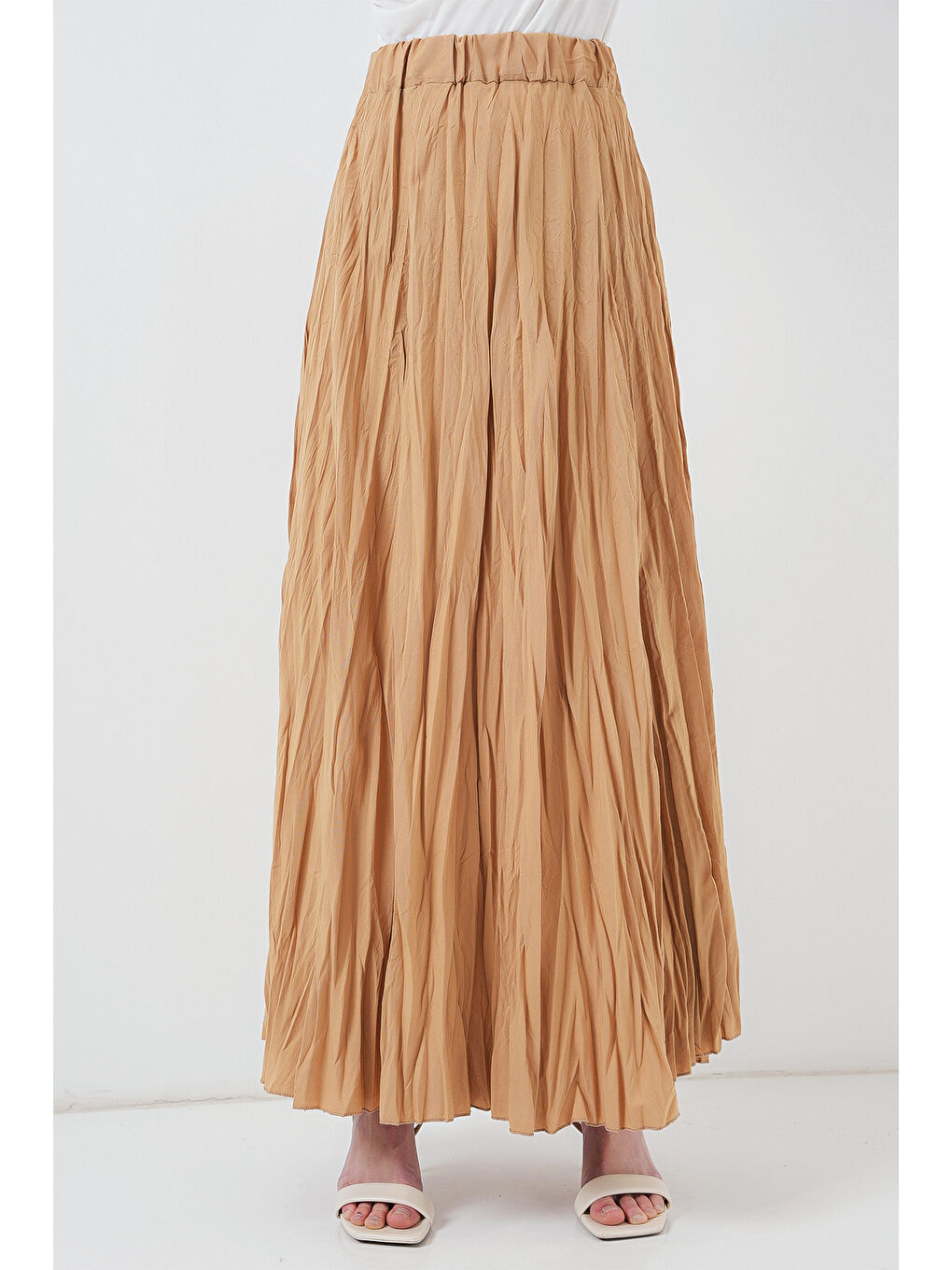 Bej Kadın Uzun Kırışık Etek 8042 - Bisküvi-1