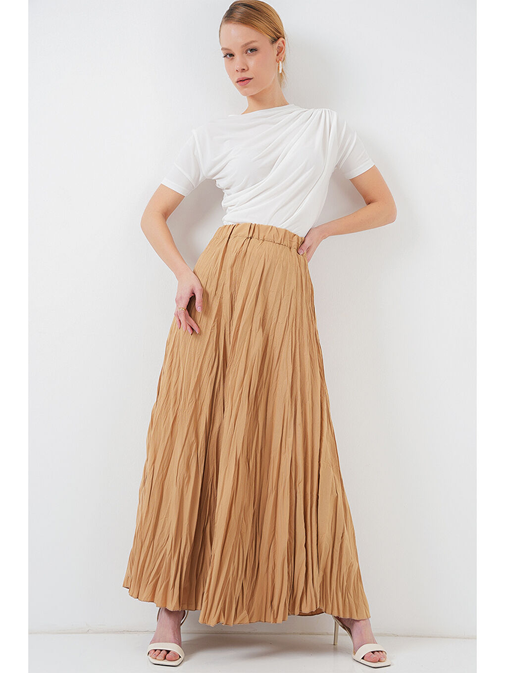 Bej Kadın Uzun Kırışık Etek 8042 - Bisküvi-2