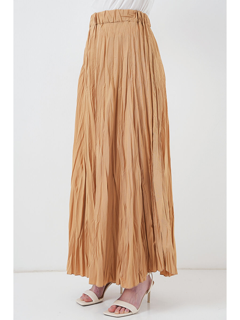 Bej Kadın Uzun Kırışık Etek 8042 - Bisküvi-3