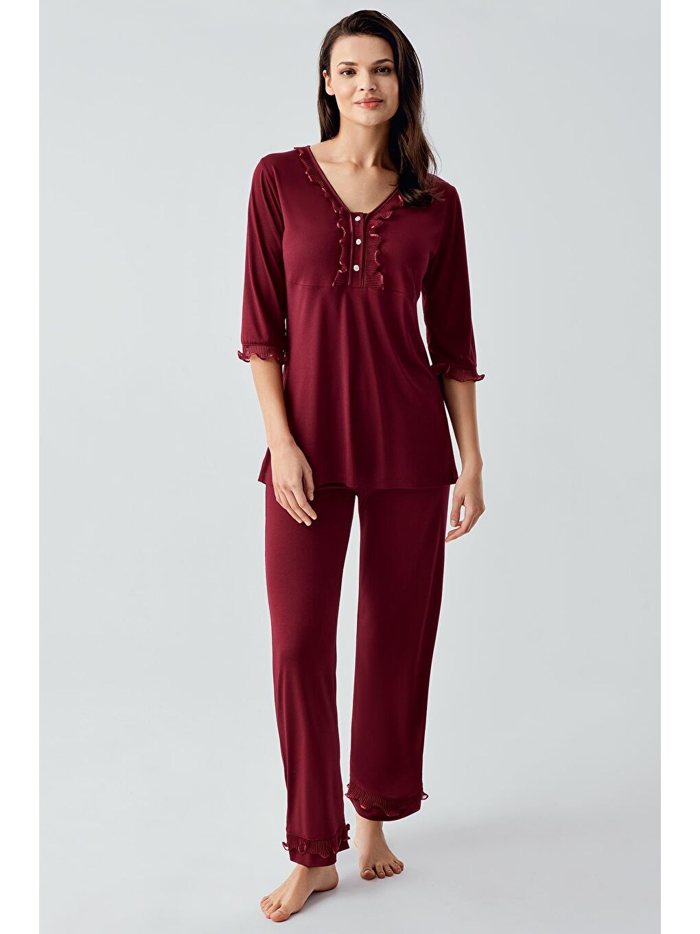 Bordo Truvakar Kollu Dantelli Düğmeli Esnek Viskoz Pijama Takım 17217