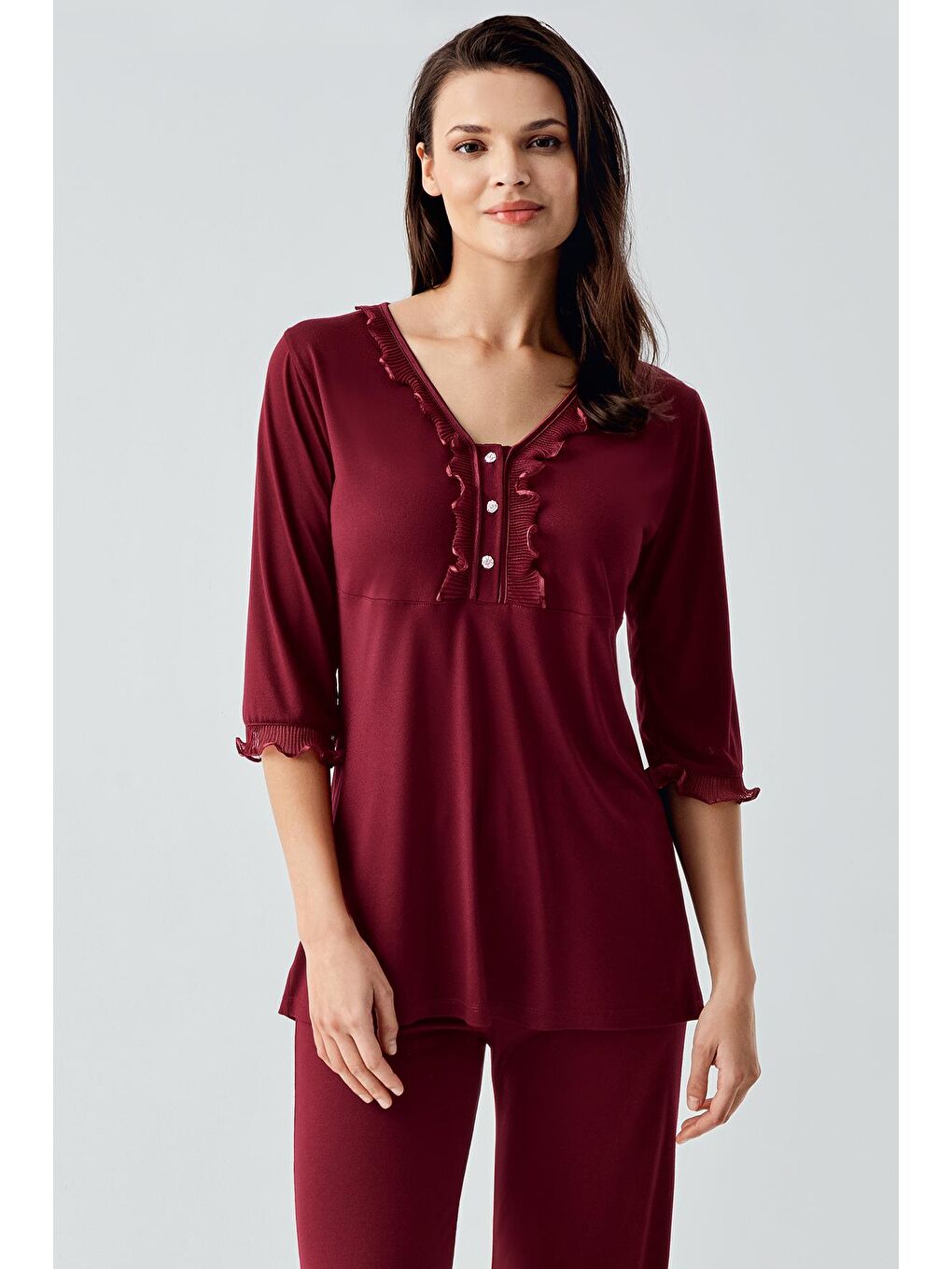 Bordo Truvakar Kollu Dantelli Düğmeli Esnek Viskoz Pijama Takım 17217-1