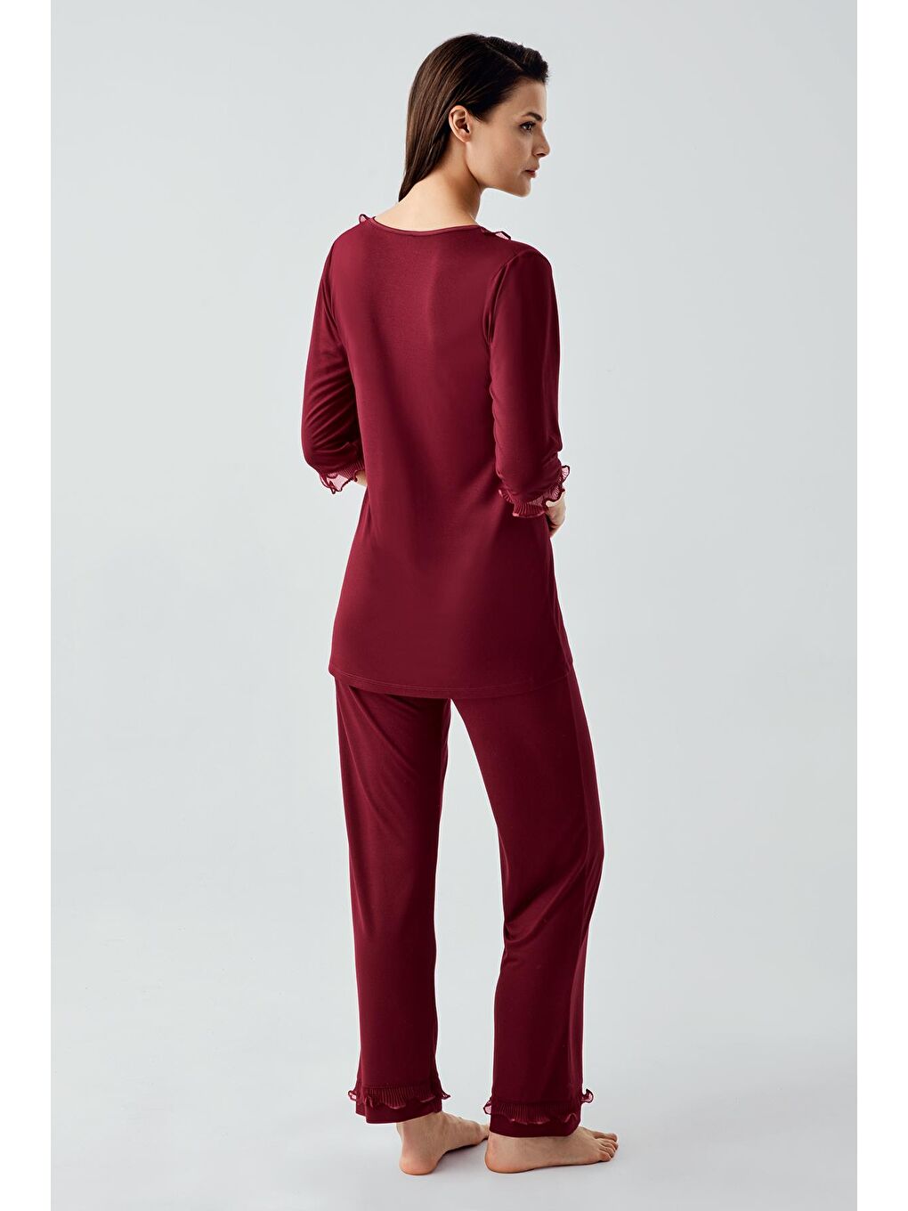 Bordo Truvakar Kollu Dantelli Düğmeli Esnek Viskoz Pijama Takım 17217-2