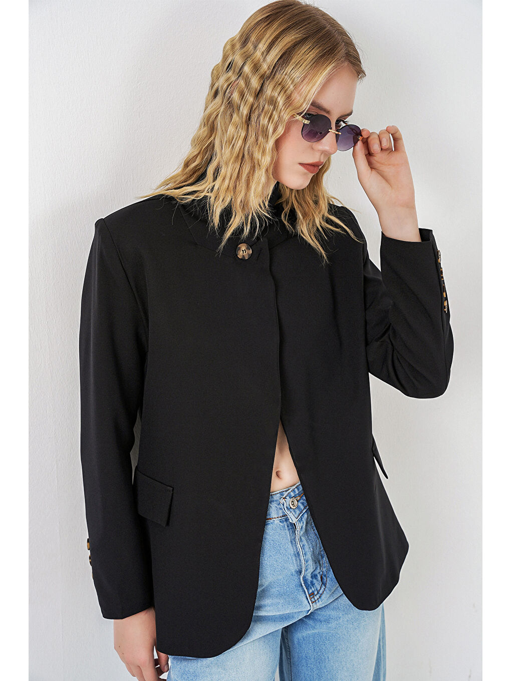 Kadın Tek Düğmeli Oversize Blazer Ceket 0749 - Siyah-2