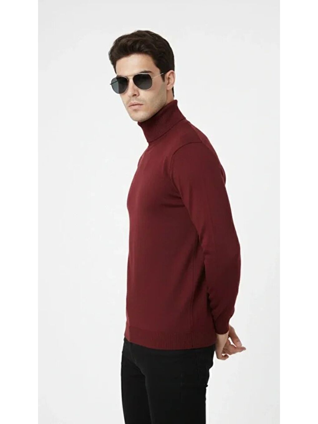 Bordo Tam Boğazlı Balıkçı Yaka Triko Kazak-1