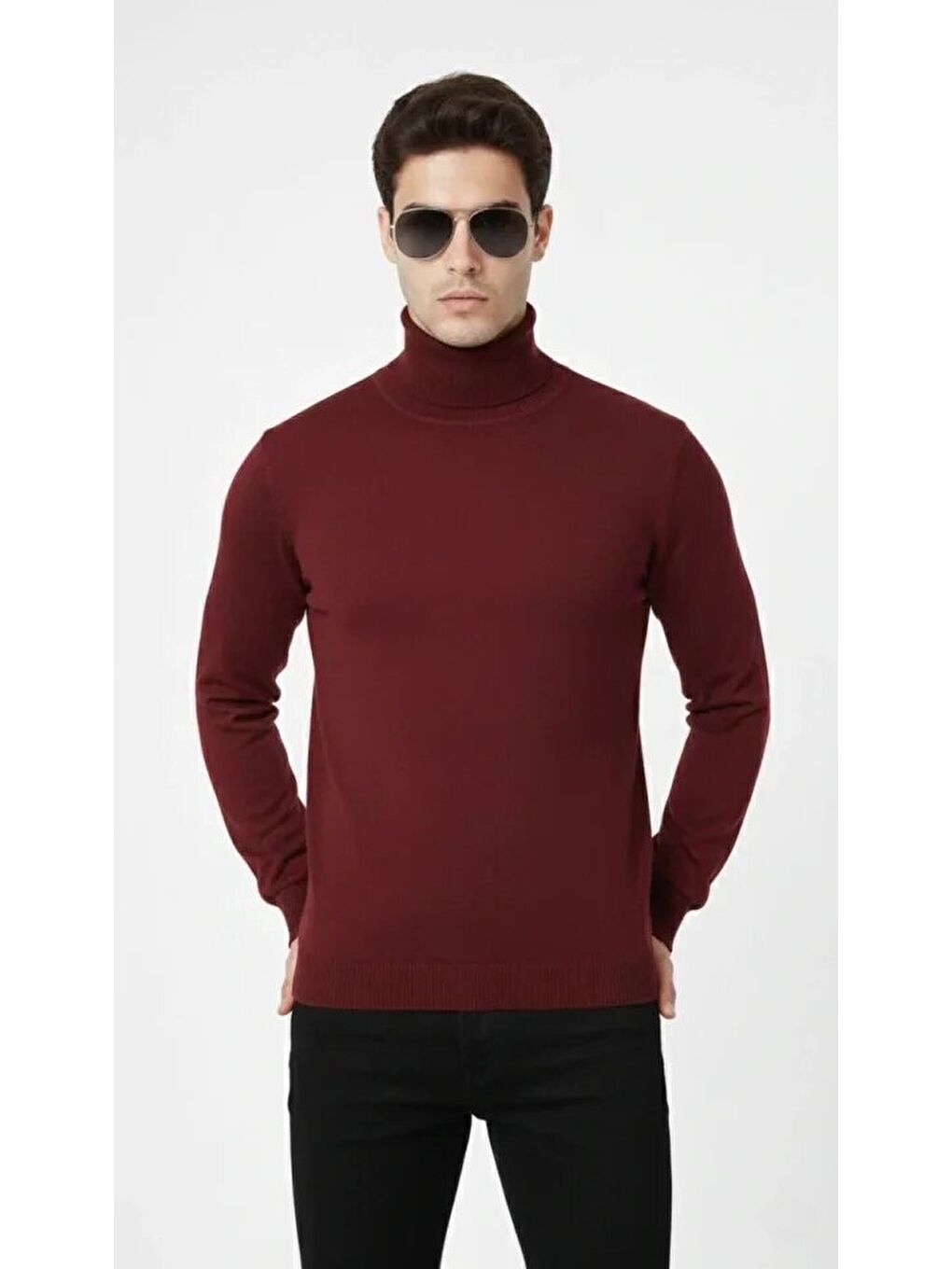 Bordo Tam Boğazlı Balıkçı Yaka Triko Kazak-2