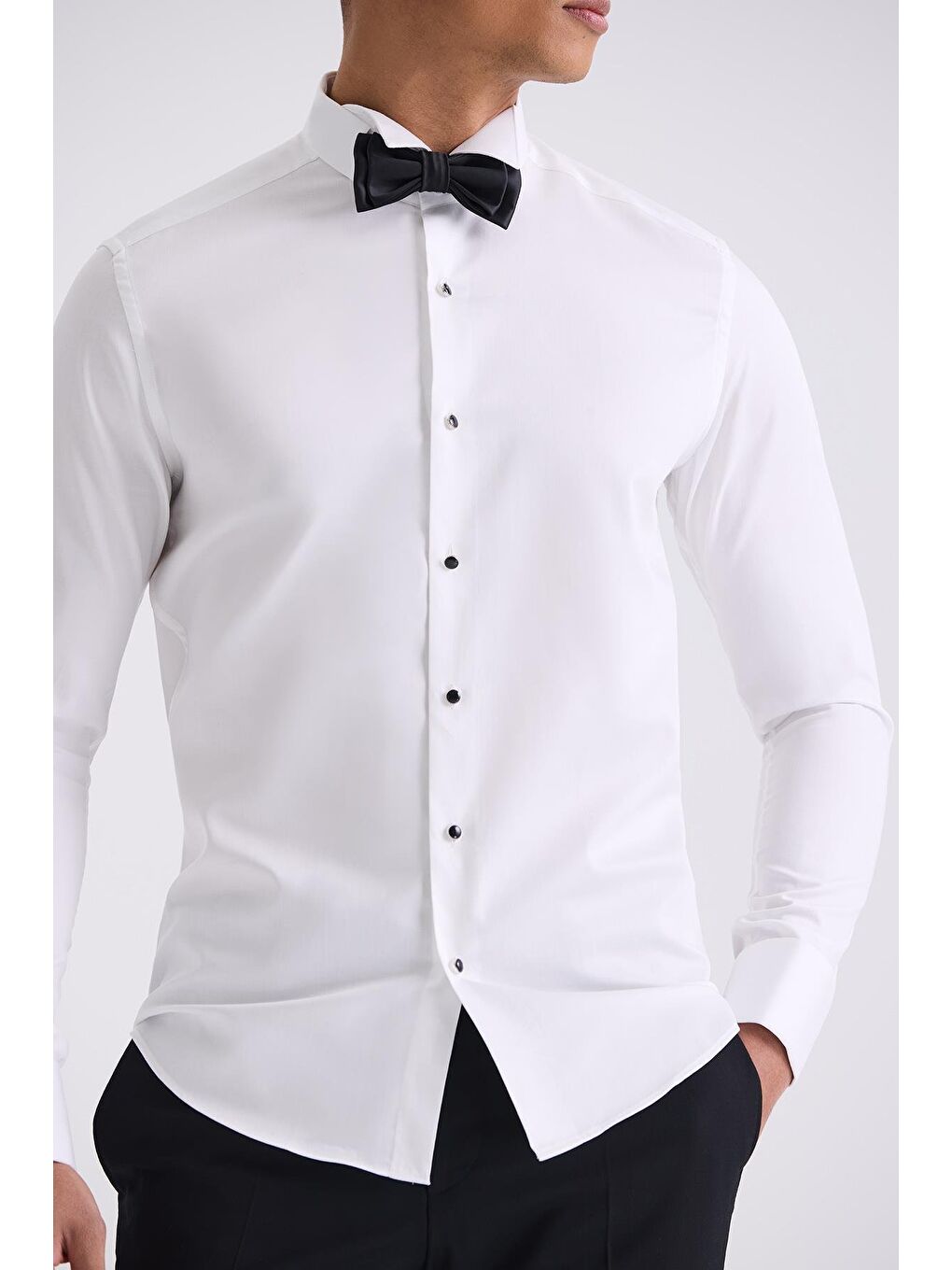 Beyaz Slim Fit Kol Düğmeli %100 Pamuk Ata Yaka Gömlek-2