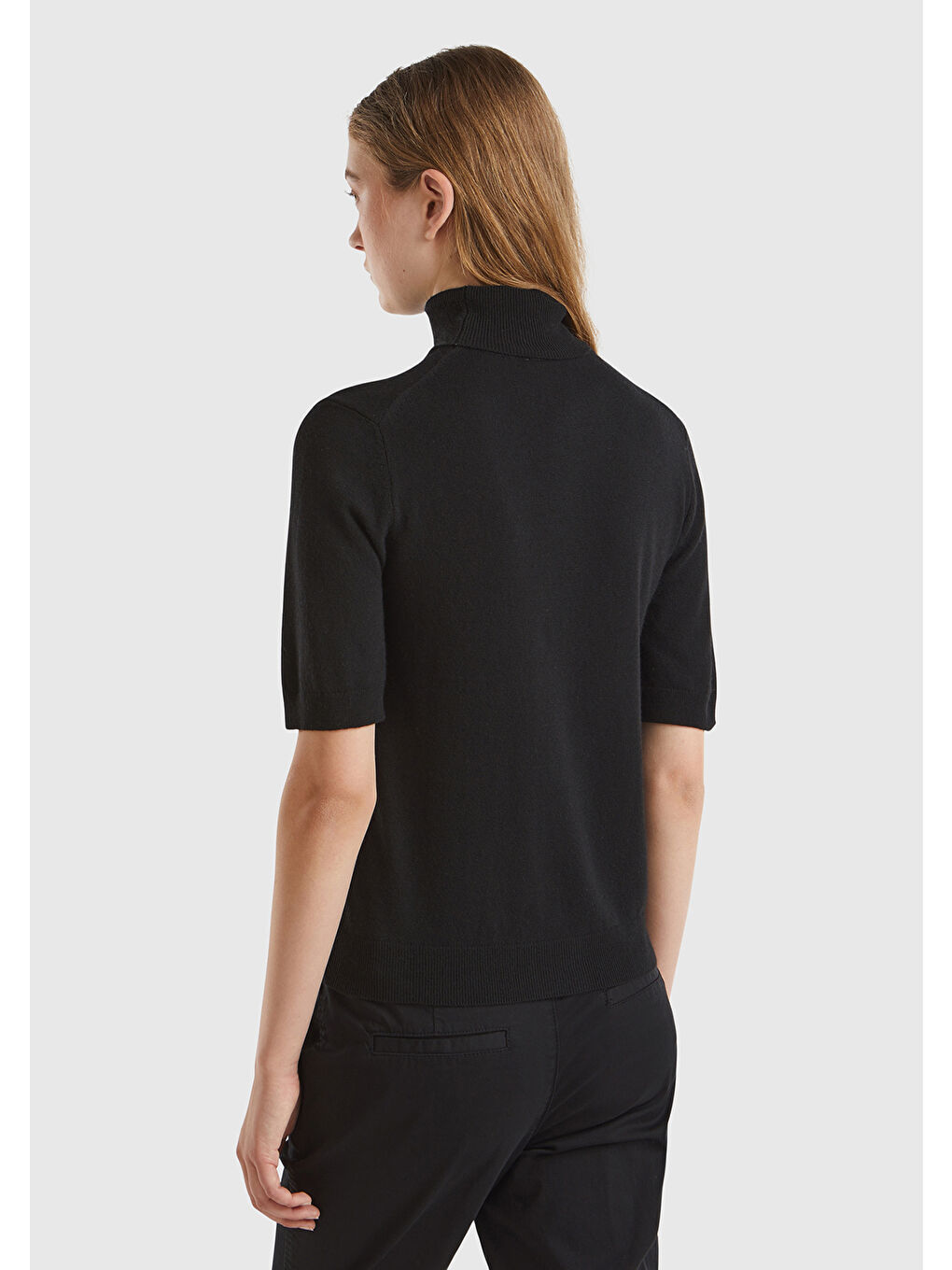 Kadın Siyah Yün ve Kaşmir Karışımlı Kısa Kollu Dik Yaka Kazak-2