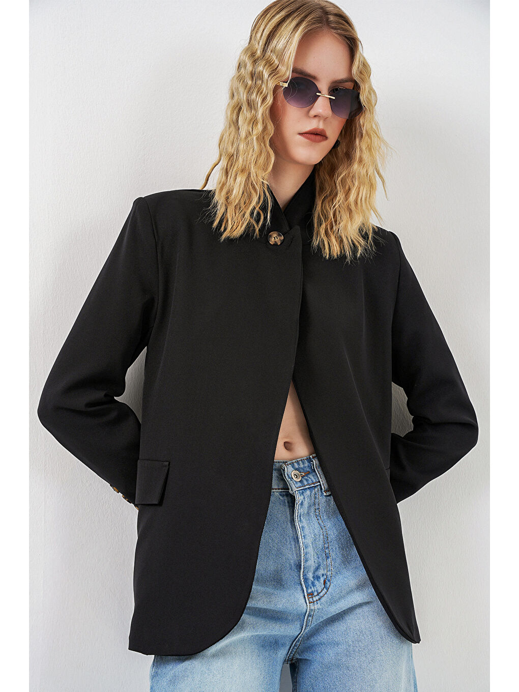 Kadın Tek Düğmeli Oversize Blazer Ceket 0749 - Siyah-3